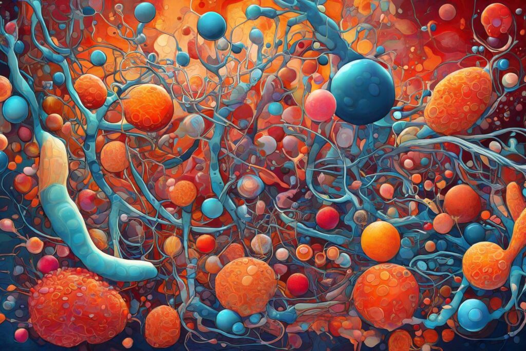 "A detailed, digital art depiction in a Realist style, illustrating various organisms actively oxidising glucose, set against a vibrant, abstract cellular background."