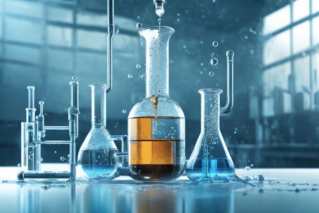 "Illustrate an elaborate chemical reaction where aniline interacts vividly with Br2 water, showcasing the transformation into a new compound. Render this in a detailed, scientific illustration style against a background of a modern laboratory setting."