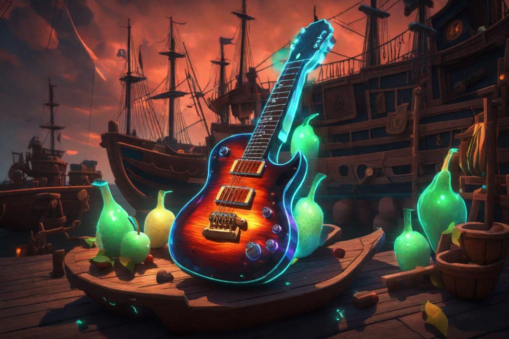 An artistic rendering of the Soul Guitar, glowing with a spectral light, set against a backdrop of a pirate ship in Blox Fruits. This image should capture the mythical and eerie essence of the weapon.