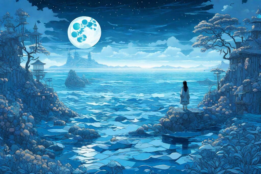 A digital illustration capturing the Third Sea under a full moon in Blox Fruits, inspired by the ethereal and fantastical style of Yoshitaka Amano. The scene is filled with a mystical ambiance, showing the shimmering sea reflecting the moonlight, and islands dotted in the distance, under a cool, bluish color temperature. The lighting is moody and atmospheric, highlighting the mysterious start of the quest. --v 5 --stylize 1000