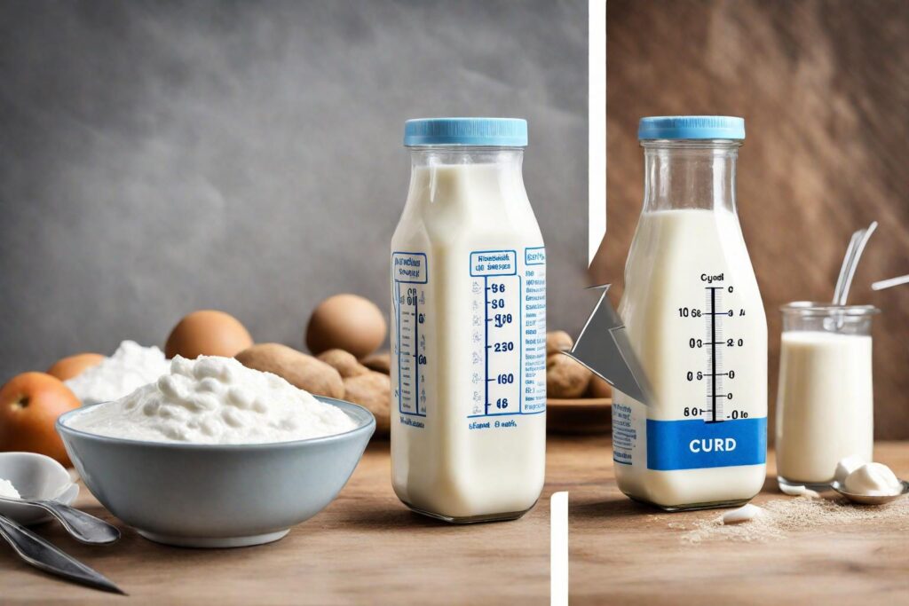 A split image showing a bottle of fresh milk on one side and a bowl of curd on the other. Above each, display the pH scale with an arrow pointing at 6 for milk and approximately 4.6 for curd.