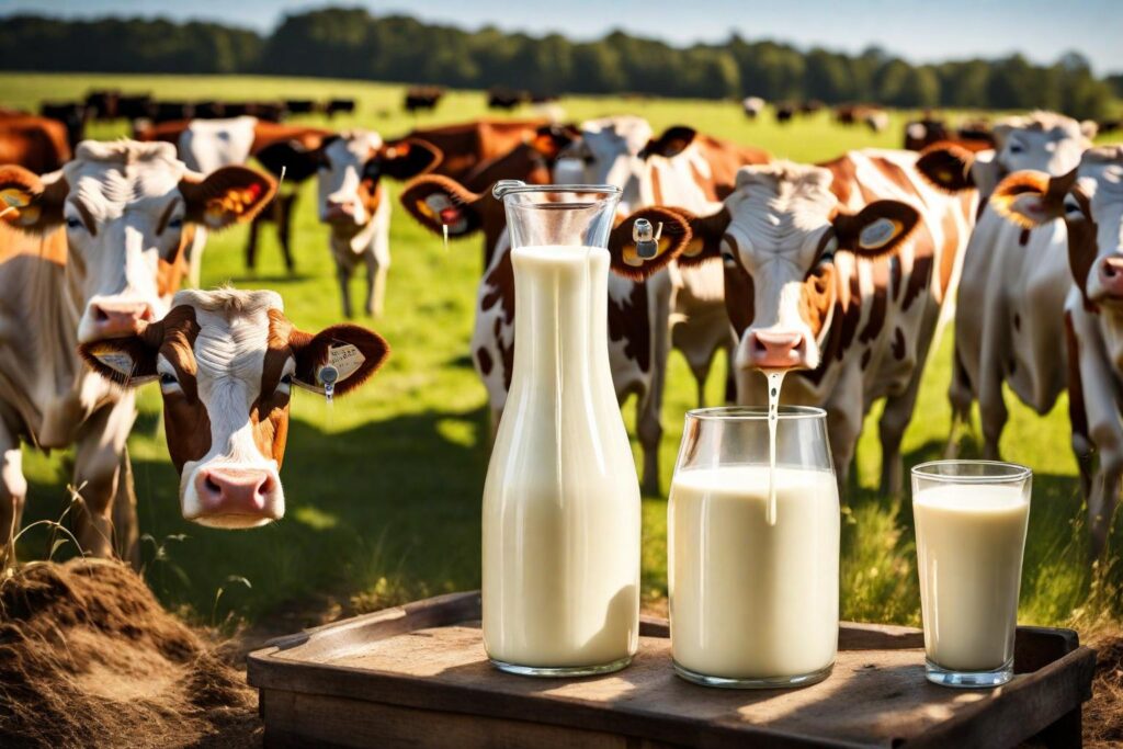 A serene farm scene with cows grazing, and a close-up of fresh milk being poured into a glass. Include a small pH meter or indicator showing a reading between 6.5 to 6.7.