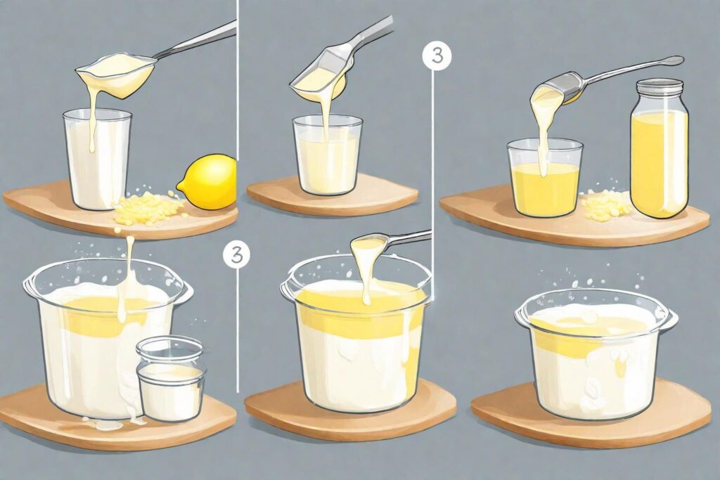 A step-by-step illustration showing milk being poured into a container, the addition of a curdling agent (like lemon juice), and the final product as curd.