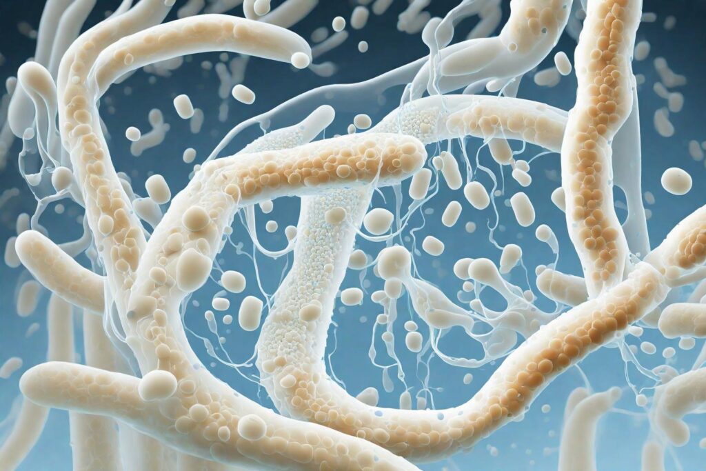 A microscopic view of beneficial bacteria interacting with milk, with visual cues indicating the production of lactic acid and lowering of pH.