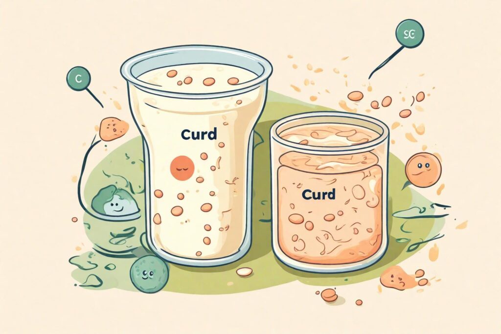 A happy, healthy gut illustration with curd and active probiotics. Show a comparison of digestibility between milk and curd.