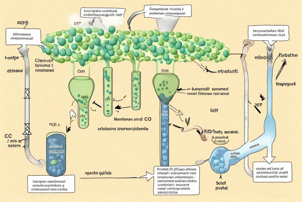 A flowchart showing CO2 fixation in mesophyll cells and its movement to bundle-sheath cells, with emphasis on ATP and NADPH consumption