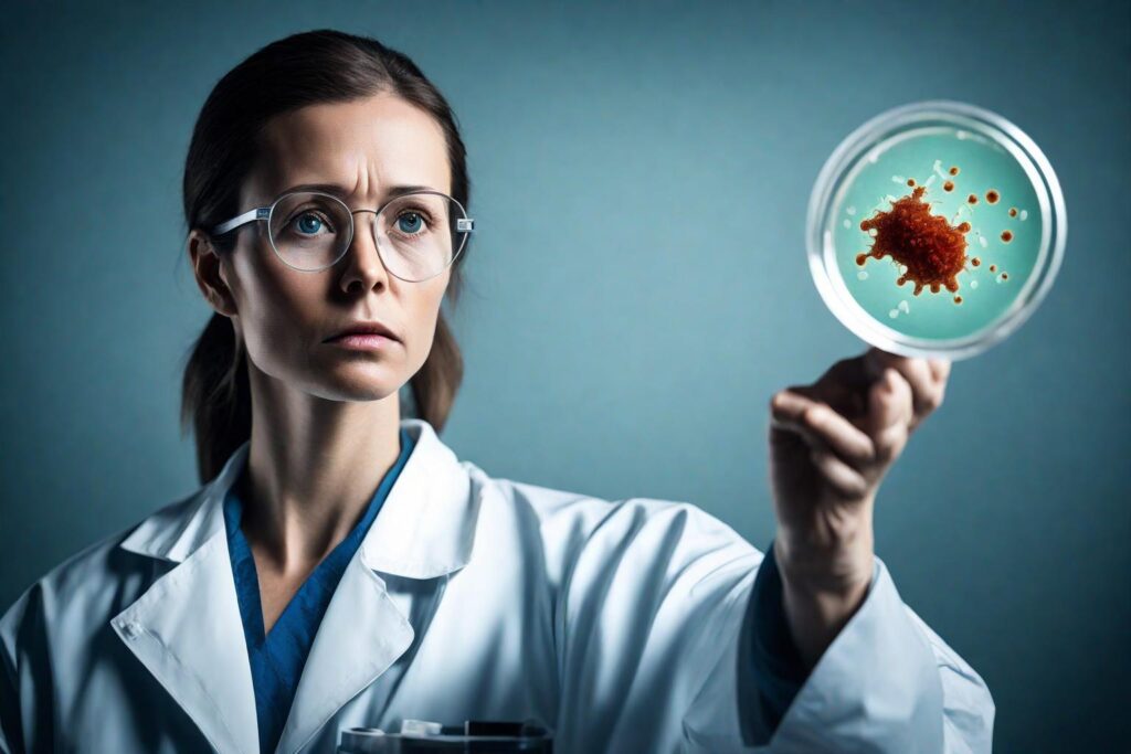 A medical professional in a lab coat, with a concerned expression, holding up a Petri dish showing MRSA bacteria culture.