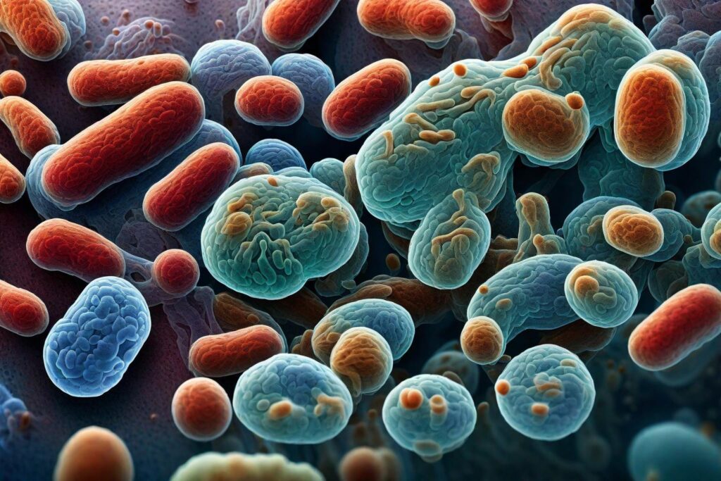 Close-up, highly detailed, and colored microscopic image of MRSA bacteria.