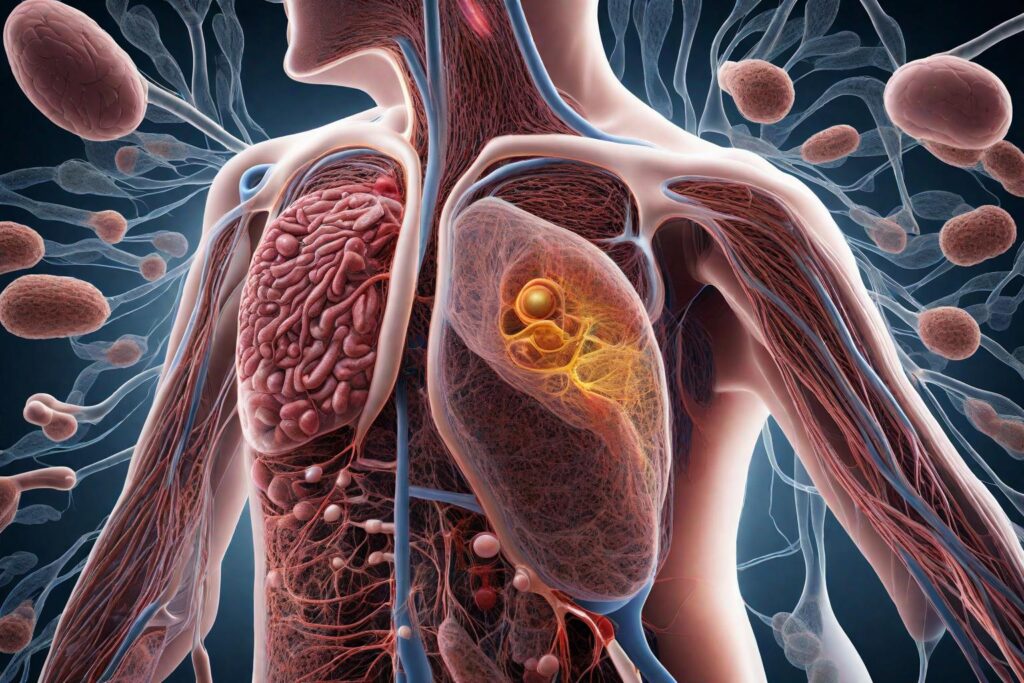 A detailed illustration of the human body highlighting various glands, with a focus on the pancreas. The image should have labels and a zoomed-in section clearly showing the pancreas's location behind the stomach.