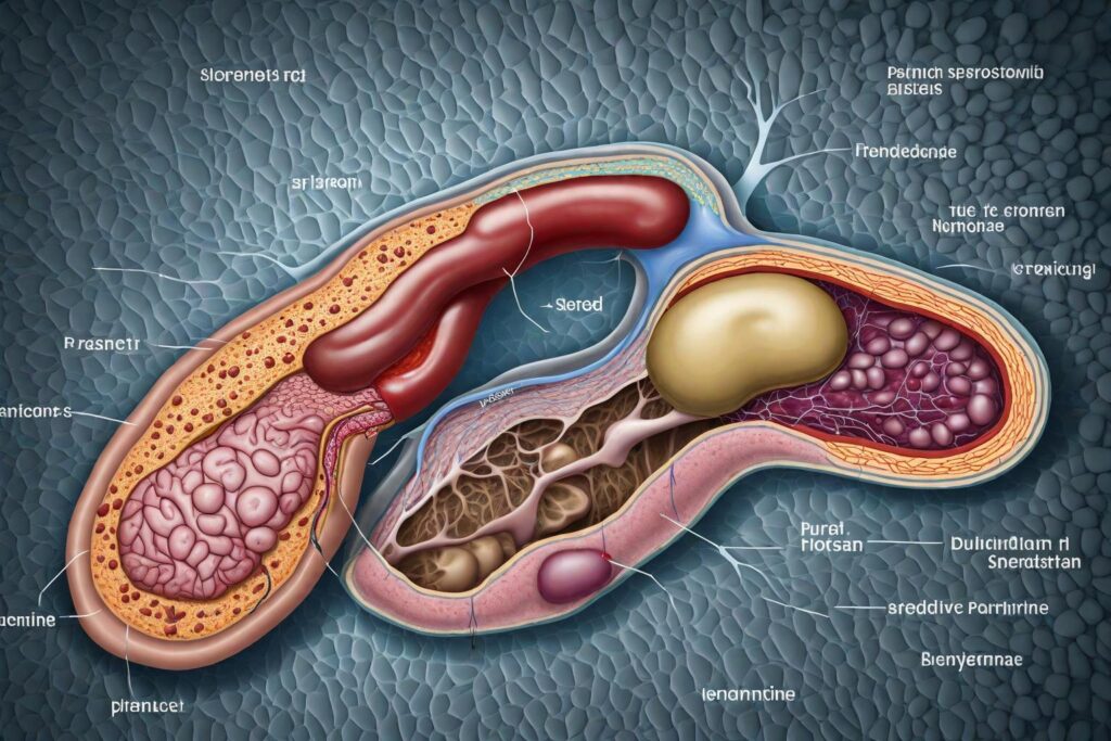 A split diagram of the pancreas showing its dual function. One side should depict the exocrine function with enzymes flowing to the small intestine, and the other side should illustrate the endocrine function with hormones entering the bloodstream.