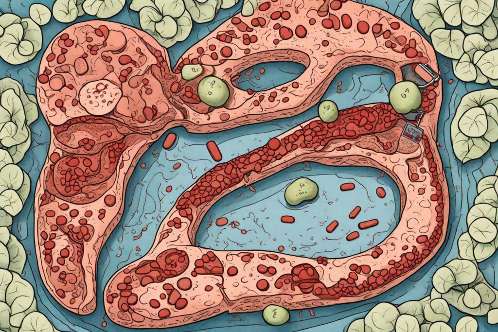 An illustration of the Islets of Langerhans in the pancreas, showing insulin and glucagon being secreted into the bloodstream, possibly with a glucose meter to represent blood sugar regulation.