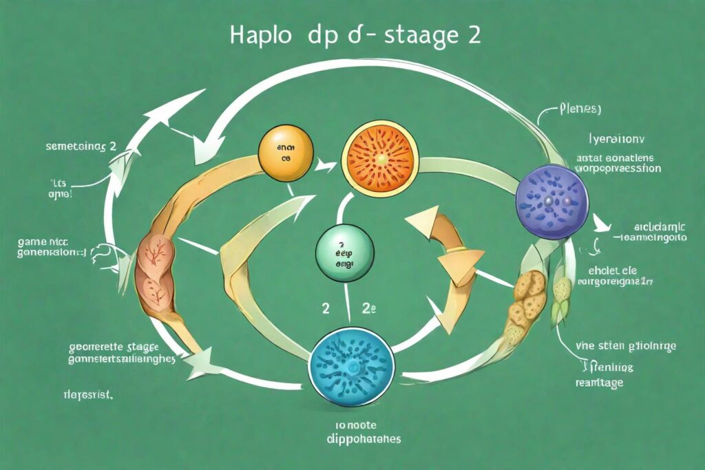 An infographic showing the basic concept of alternation of generations. It should have two interconnected cycles labelled 'Haploid (n) Stage' and 'Diploid (2n) Stage', with arrows showing the transition from gametes to zygote and then to spores.