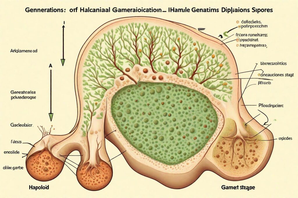 A diagram illustrating the alternation of generations cycle. It should include labelled parts showing the haploid stage producing gametes and the diploid stage forming spores.