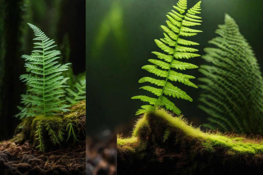 A split image showing moss on one side and a fern on the other. The moss side should highlight the gametophyte stage, while the fern side should focus on the sporophyte stage.