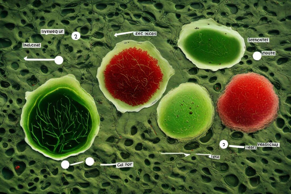 A comparative image showing green algae and red algae with notations pointing to their life cycle stages.