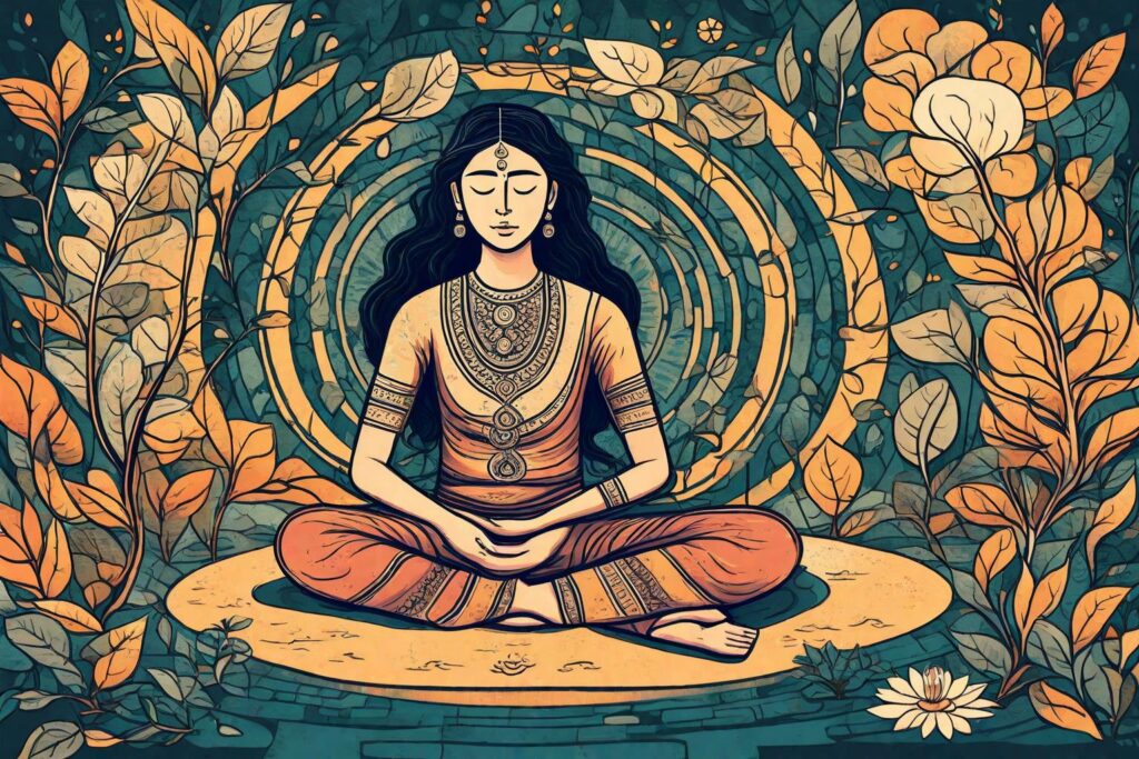 An illustration of a person practising Bhramari with a calming, meditative background.