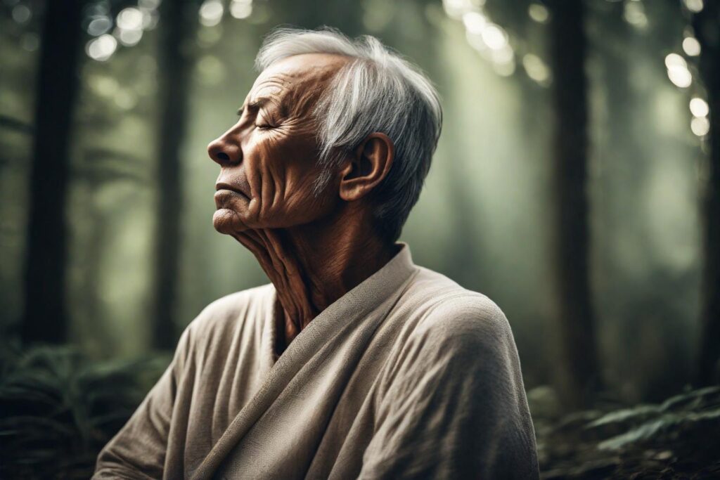 A close-up image showing someone in a peaceful state practising deep breathing, ideally in a serene setting.