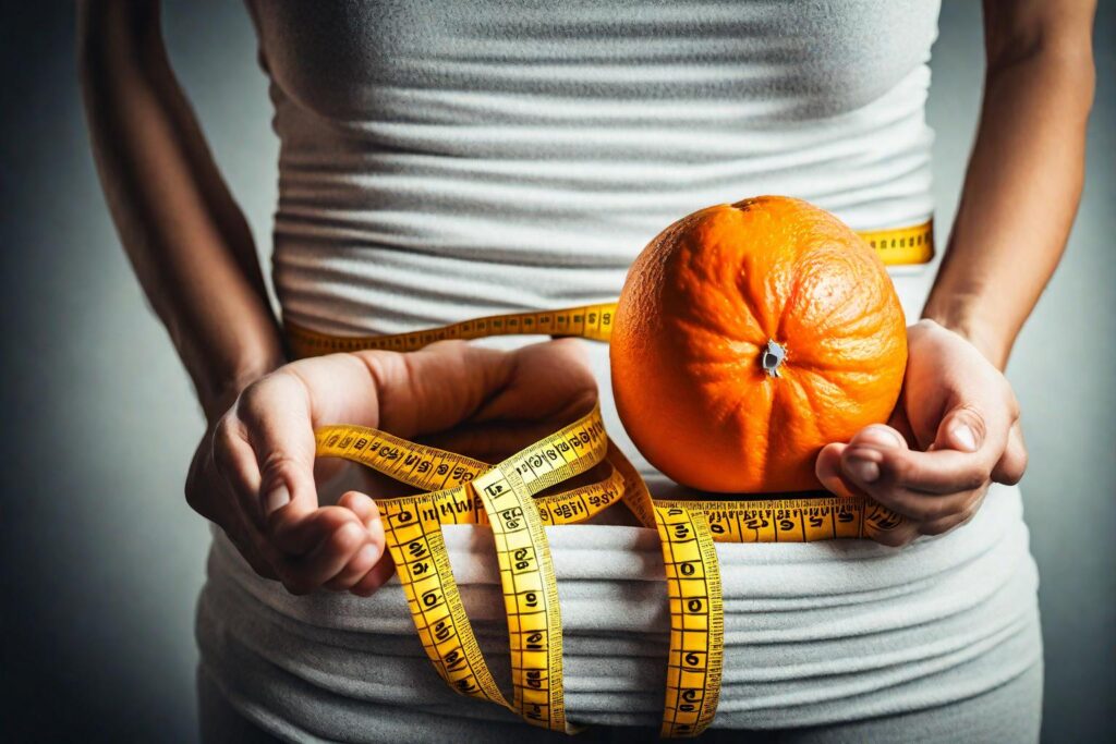 Image of a person holding an orange with a measuring tape around their waist, indicating weight loss.