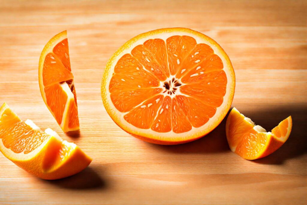 Image of an orange cut in half with visible fiber-rich pulp.