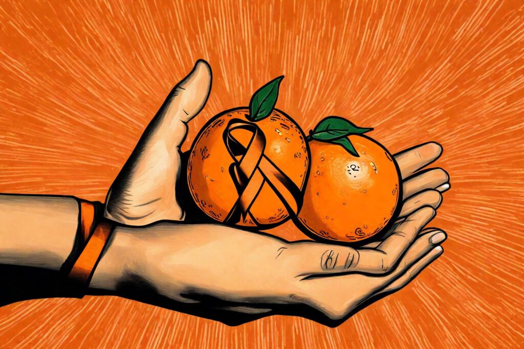 Image of a hand holding an orange with a cancer ribbon symbol in the background.