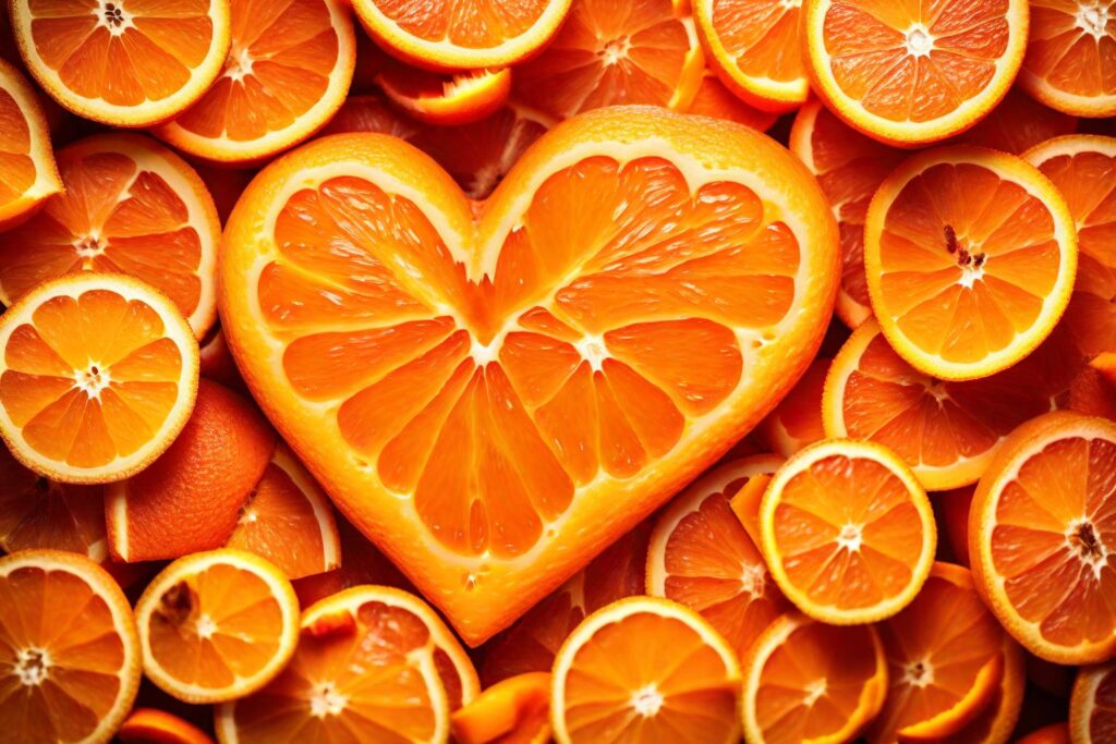 Image of a heart-shaped orange surrounded by scattered orange slices.