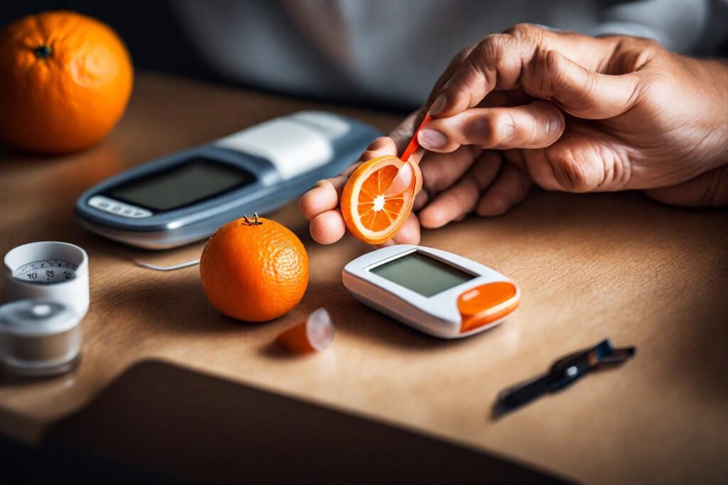 Image of a person checking their blood sugar levels with an orange and measuring tape nearby.